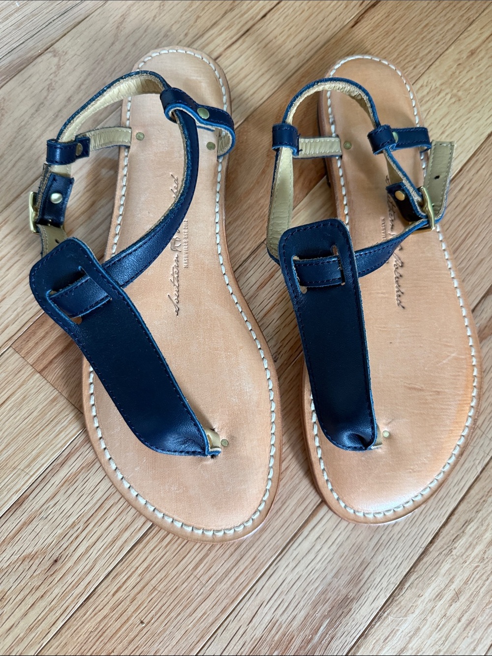 Classic Hand-Tooled Leather Navy T-Strap Sandals